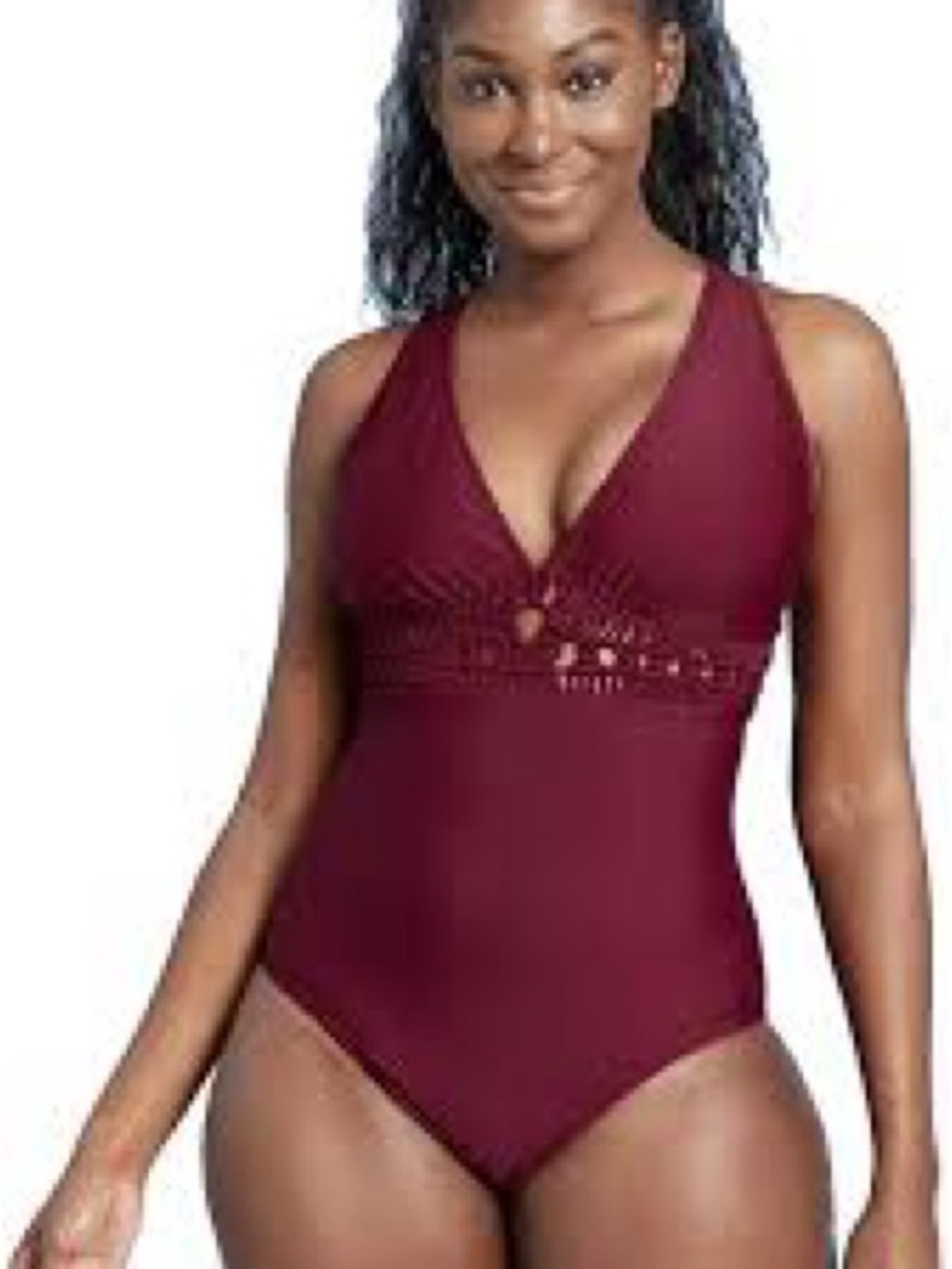 Kona Sol Macramé Medium Coverage One-Piece Swimsuit - Burgundy - Size Small